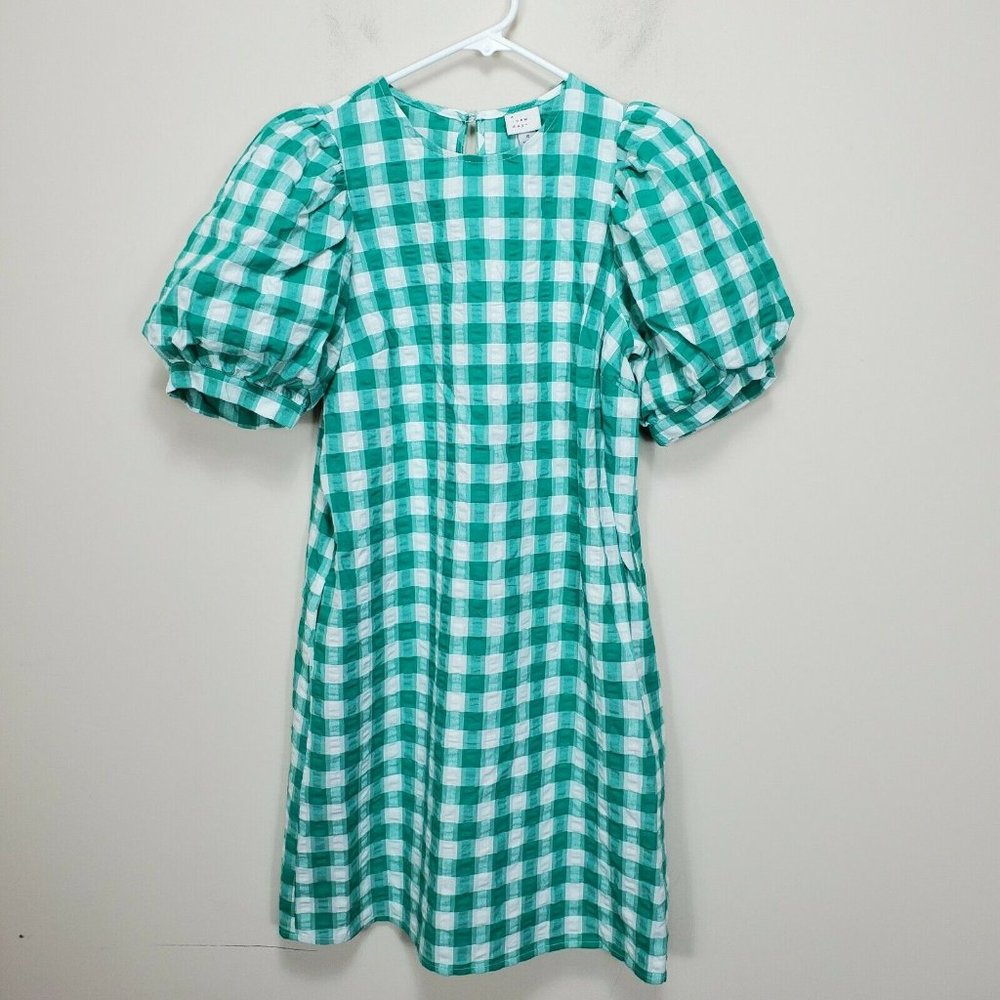 A New Day Green‎ Check puff sleeve mini Shift dress size S Small